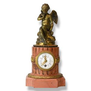 Horloge De Table En Bronze Avec Base En Marbre Rouge - France Milieu Du 19ème Siècle